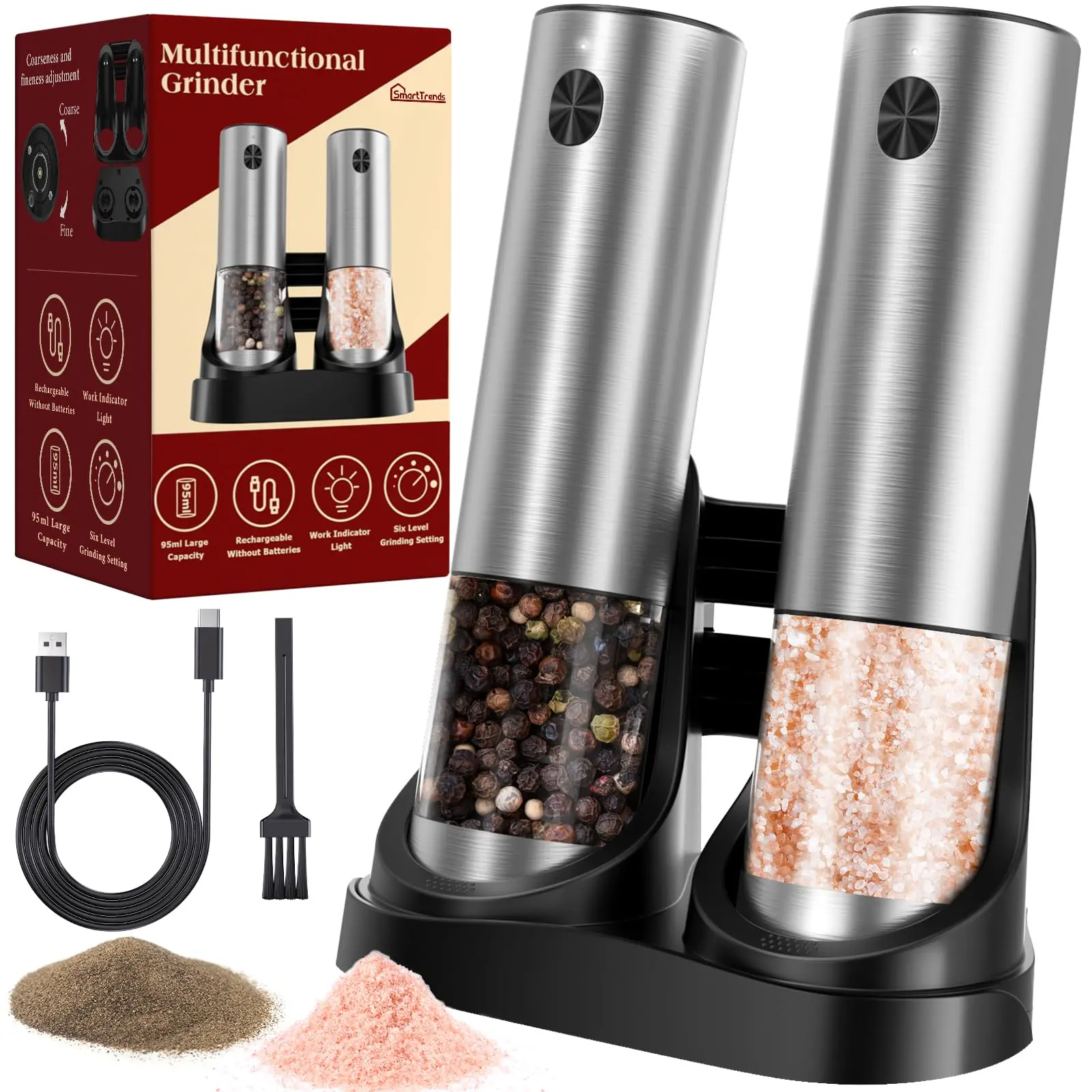 2-Pack Reusable Automatic Salt & Pepper Grinder Set - Seasoning Kitchen Utensils with 1-Handed Operation, LED Light, Adjustable Coarseness, 95ml Large Capacity, for Cooking, Housewarming Gifts