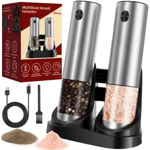 Mother's Day gift,Electric Salt & Pepper Grinder Sets - Rechargeable Base, 2-pack, Automatic with Adjustable Coarseness (6 Settings) , 95ml Large Capacity & Clear Container with LED Light, One-Hand Operated, For Kitchen, Gift