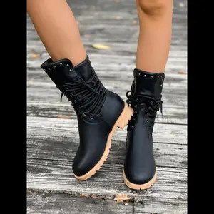 Women’s fashionable solid-color lace-up ankle boots, casual comfortable round-toe boots for daily wear, trendy all-match boots for women and girls, walking shoes footwear rubber