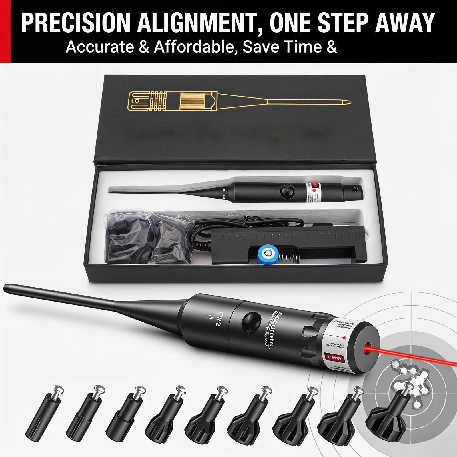 Precision Alignment Tool, Compact Portable Setup Kit with Red Laser Pointer, Interchangeable Tips, and Black Box