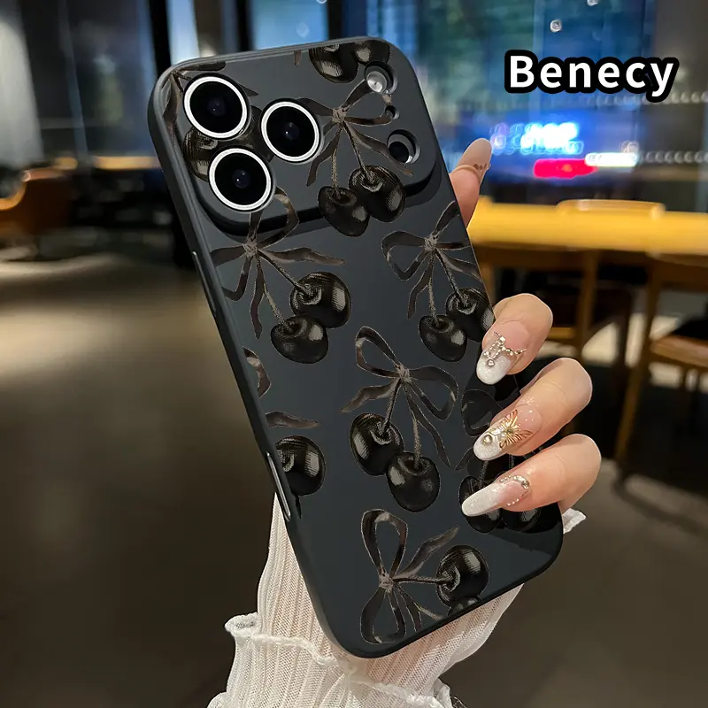 Straight Edge Durable Protective Soft Silicone Cellphone Case, Black Cherry Pattern, Drop & Shock Protection Casing for iPhone 17,16 Pro Max,15 Plus,14,13,12,11,Air,XS,XR,E - Mobile Phone Accessories
