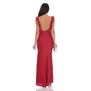 Satin Ruffle Open Maxi Dress in Red