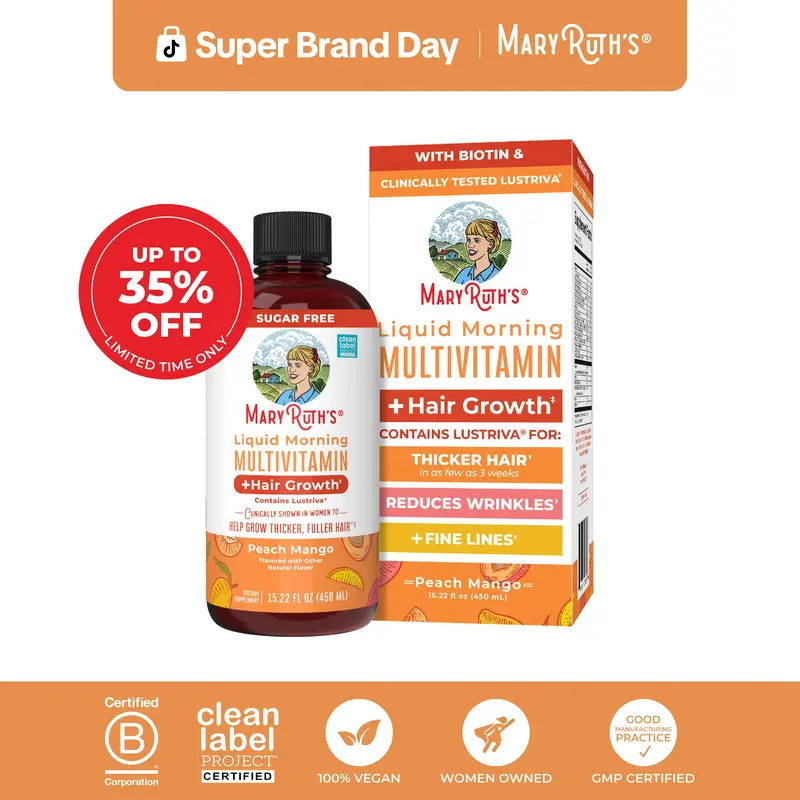 MaryRuth's Liquid Multivitamin + Hair Growth - Clinically Tested Lustriva for Thicker Hair in Women - Improve Facial Wrinkles - Vegan - 15.22 Fl Oz