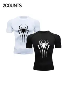 Men's Sporty Tight-Fit Quick-Dry T-Shirts, Gym Workout Tee, Spider Print Chest Design, Casual Fall & Winter Wear, Ideal for Indoor Outdoor Activities