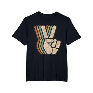 Retro Peace Sign V Fingers Graphic T-Shirt - Vintage 60s 70s 80s Cool Design, Black, Short Sleeve, Round Neck, Polyester/Spandex Blend, Casual Men's Tee, All-Season Comfort, Machine Washable, Casual Wear Tee |