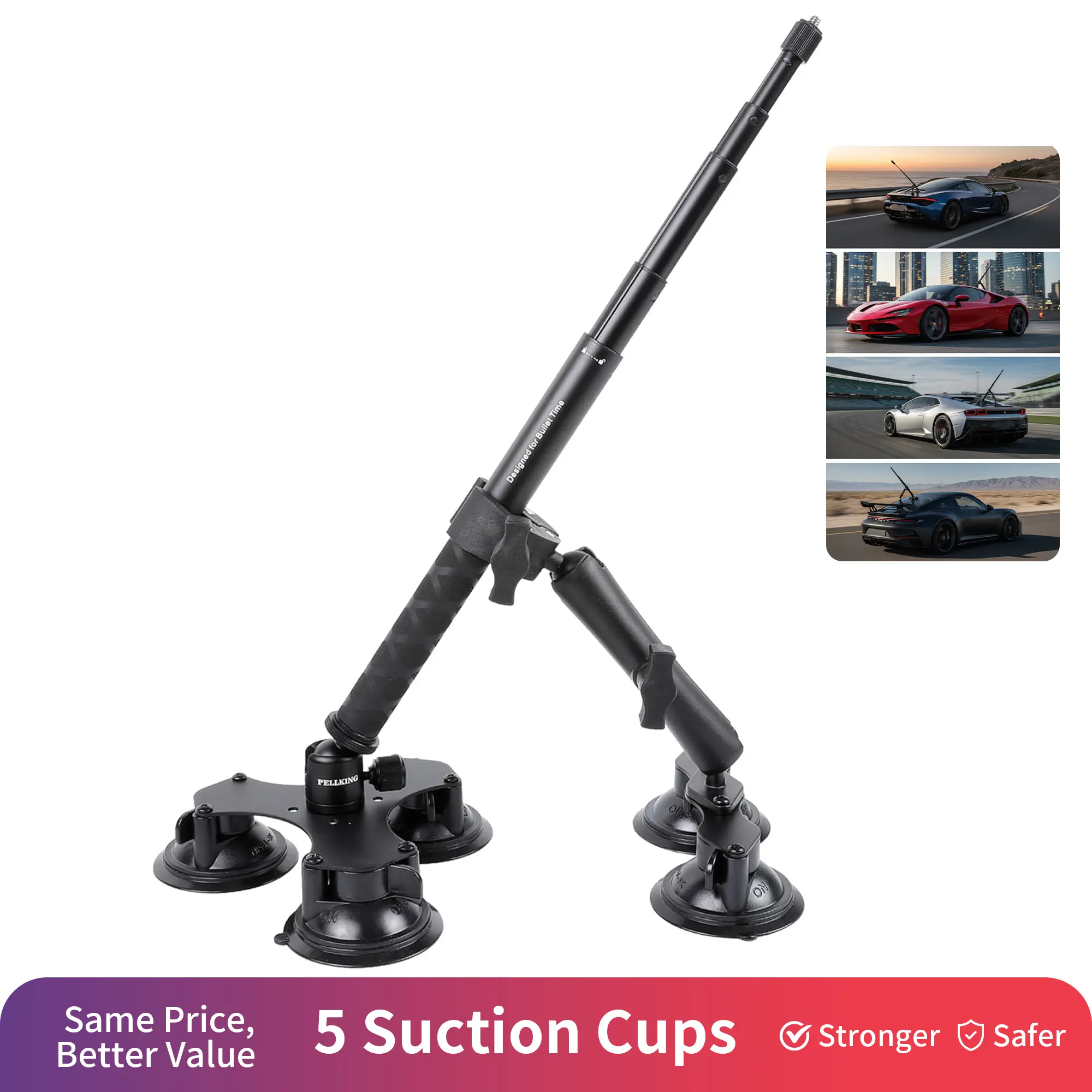 PellKing Car Mount Compatible with Insta360 X5 X4 X3 GoPro Max 2 DJI OSMO 360 Cameras, Quick Release Outside Windshield Magic Arm Mount Kit with Extension Pole/Selfie Stick 5 Suction Cup Holder for gap cam, Cars, Suction Cups, Shooting, Door, Adjustable