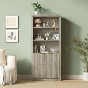 70.9" Tall Bookshelf with Fluted Doors, 5-Tier Tall Bookcase with Drawer and Doors, a 31.5" Wide Freestanding Wooden Storage Cabinet, Offering Ample Display Shelves and Concealed Storage, Ideal for Home Office Organization