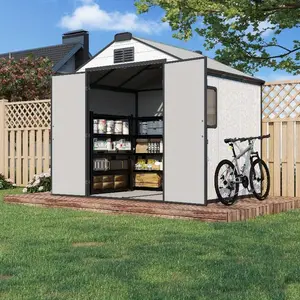 8x6 FT Resin Outdoor Storage Shed with Floor, Durable Plastic Garden Shed for Patio Furniture, Tools & Equipment, Gray
