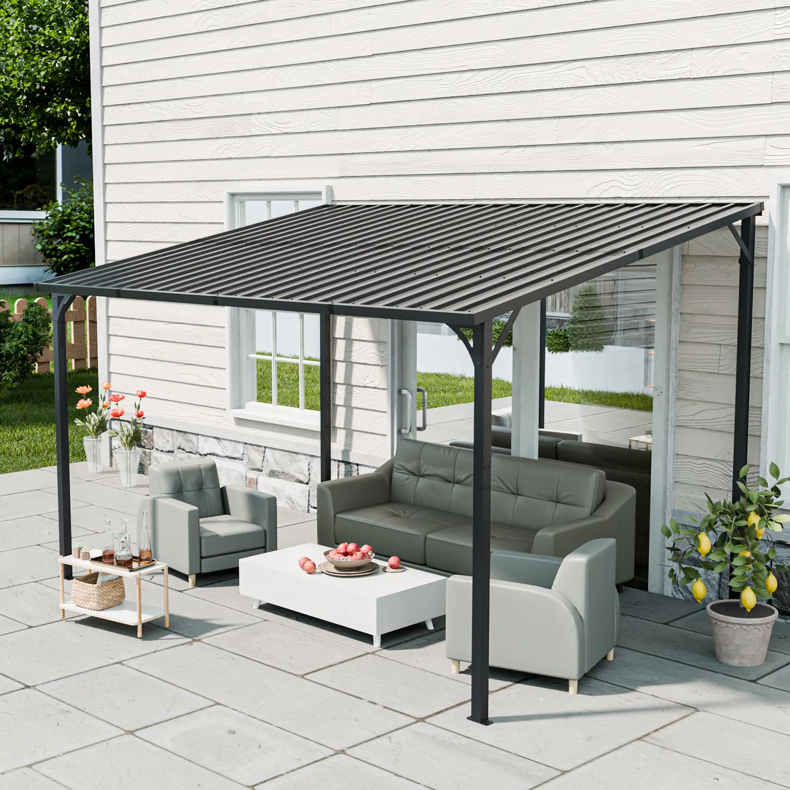 Sturdy Metal Pergola with Sloped Roof - Waterproof Wall-Mounted Iron Sheet Gazebo, 12.38w x 8.72d x 8.22h, for Outdoor Tool Storage, Gardens