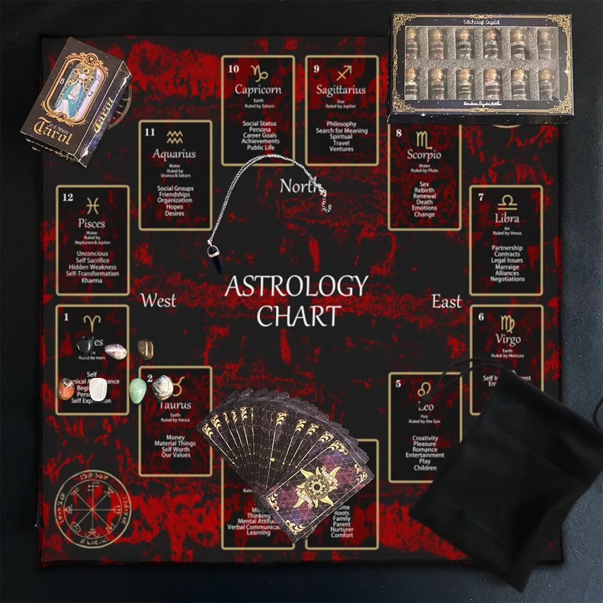 6PC Zodiac Twelve Constellations Tarot Reading Set, 78 Tarot cards, 12 mineral bottles, 7 chakra stones, 1 polyester drawstring bag, 1 tablecloth, 1 pendant, Tarot Rituals, an astrological set for tarot scholars, Astrology