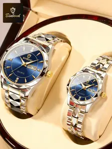 BINBOND 2pcs/Set Couple Watches, Fashionable Waterproof Watch, High End Watch, Valentine Day Gift Stainless Steel Watch Men Women Quartz Watch, Daily Clothing Decor, Casual Wristwatch, with Box