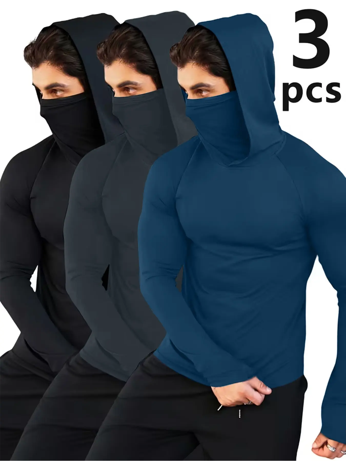 3 Pack Men's Compression Hooded Balaclava Long Sleeve Shirt, Gym Clothes Workout, Activewear, Compression Baselayer, Quick Dry Sun Protection Hoodie with Thumb Holes, Breathable Base Layer for Workout, Cycling, Fishing, Activewear Fitness