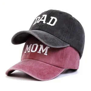 2Pcs/ set DAD MOM Embroidery Couple Washed Baseball Cap Letter Embroidered Baseball Cap Outdoor Adjustable Sun Protection Casual Cap Travel Seaside Vacation
