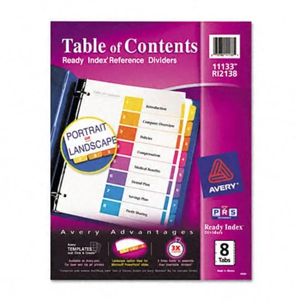 Avery 11133 Ready Index Contemporary Table of Contents Divider, 1-8 Multi-Letter Stationary Folders for Office Filing
