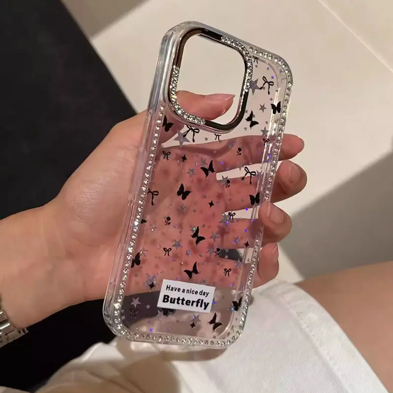 Diamond pink purple full screen butterfly phone case for iPhone 11 12 13 14 15 16 pro max