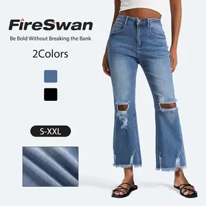 2026 New Style Stretch Wide-Leg Ripped Jeans with Tassel Wash, Straight Leg Casual Women's Pants