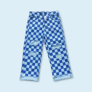 Blue Checkered Toddler Girls Jeans Casual Wear Pants