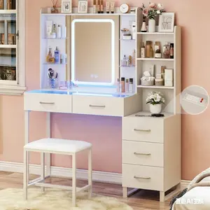 Vanity Desk with Mirror and LED Lights, 57.5" Makeup Vanity with Glass Top , Vanity with RGB Drawers, 3 Colors Light, Power Outlet Safety Switch for Bedroom, White