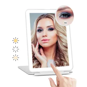 Travel Lighted Makeup Mirror with Lights and 10x Magnifying Function, Rechargeable Touch Dimming Screen with 3 Colors Lighting, Compact Ultra Slim 7.9x5.3-Inch Tabletop Essential