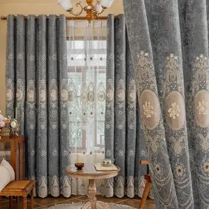 1pc Luxury European Style Chenille Floral Curtains, Light Blocking Embroidered Drapes for Living Room & Bedroom, High-End Home Decor