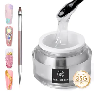 TRICOLOR FISH Nail Rhinestone Glue Gel with Brush Pen Set, 35G Top Coat Clear Nail Gem Glue Wipe-Off Super Strong Adhesive Nail Art Glue Gel for Nail Decorations 3D Stones Charms Flowers, Nail Lamp Neede