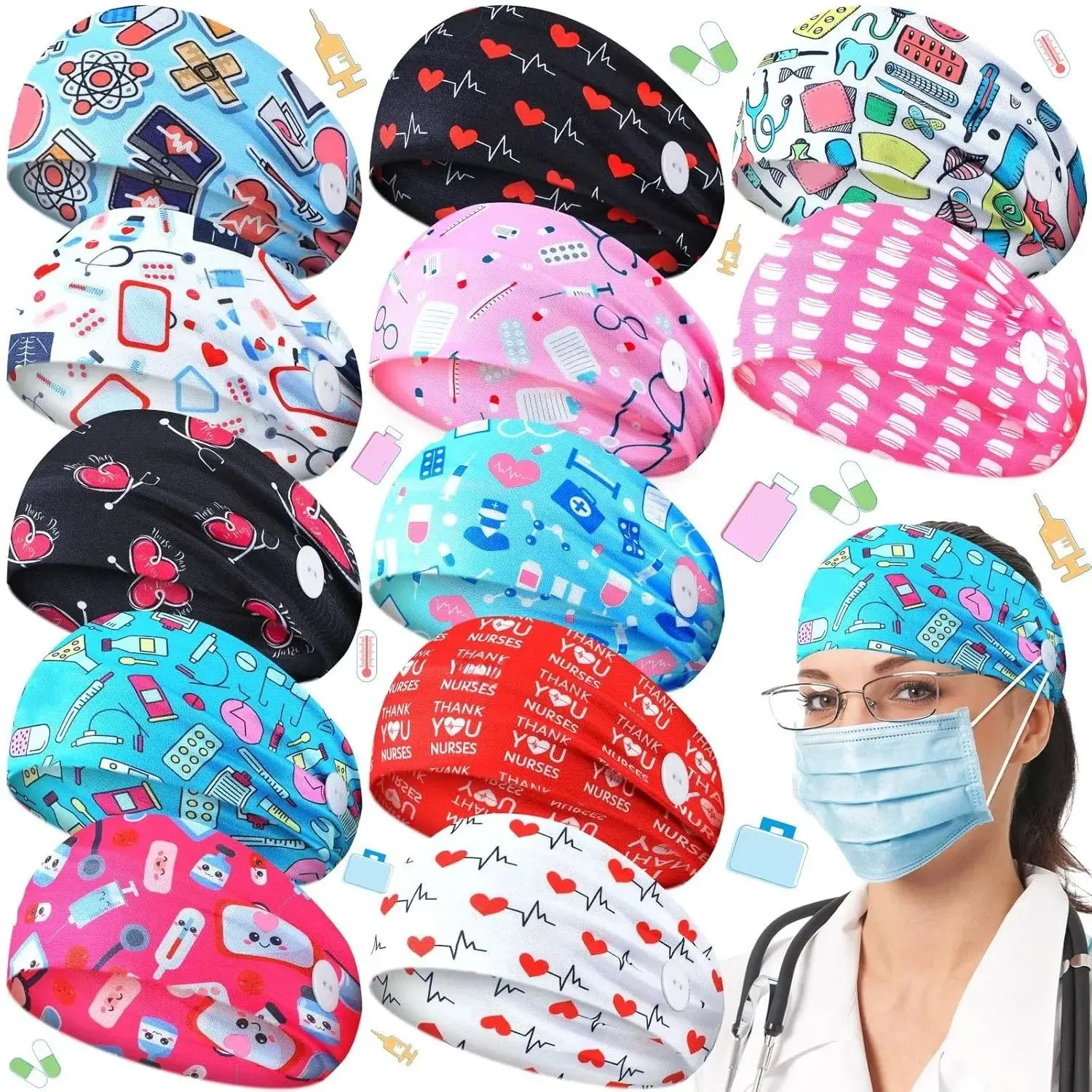 Women's 12-Pcs Non-Slip Nursing Headbands with Buttons, Elastic Colorful Festival Print Accessory Kit Headbands for Nurses, Doctors, Dental Assistants, Hygienists (Stylish Gifts), Colorful Headbands