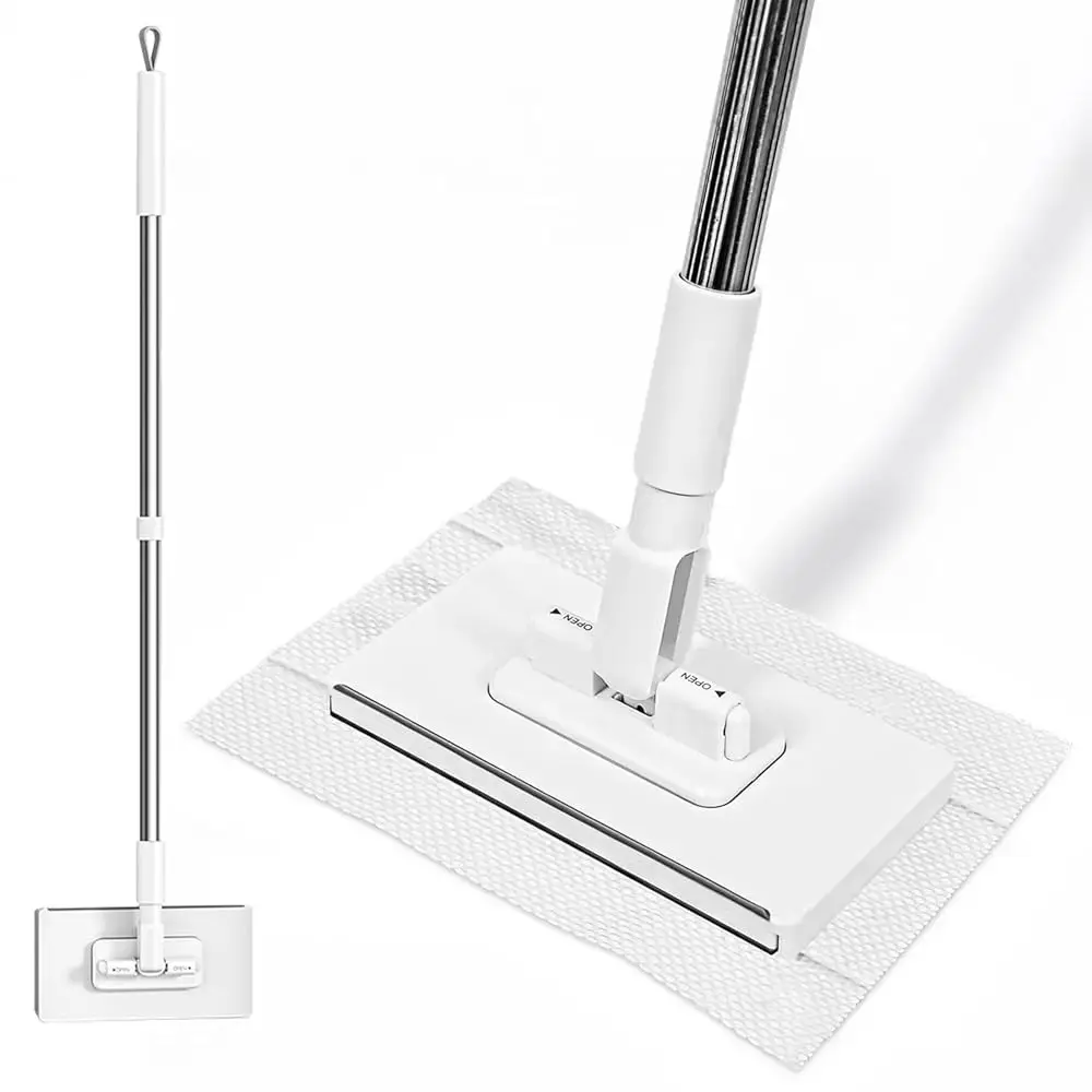 Sturdy Heavy-Duty Universal Clamping Flat Mop - Multifunctional Floor Cleaner for Mopping, Touchless Quick-Release Sweeper for Disposables Towels, Wet Wipes, 360° Swivel Hardwood Floor/Bathroom Tool (Includes 10 Reusable Cloths), Dry/Wet Multi Use