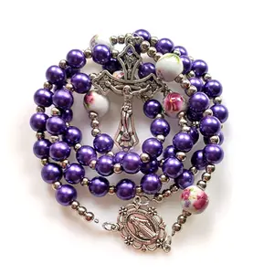 Ceramic Rustic Pearl Catholic Rosary Necklace, Beaded Design with Holy Jesus Figure Hanging Pendant Charm, Religious Home Decor for Women & Church Meditation Praying Gift Supplies