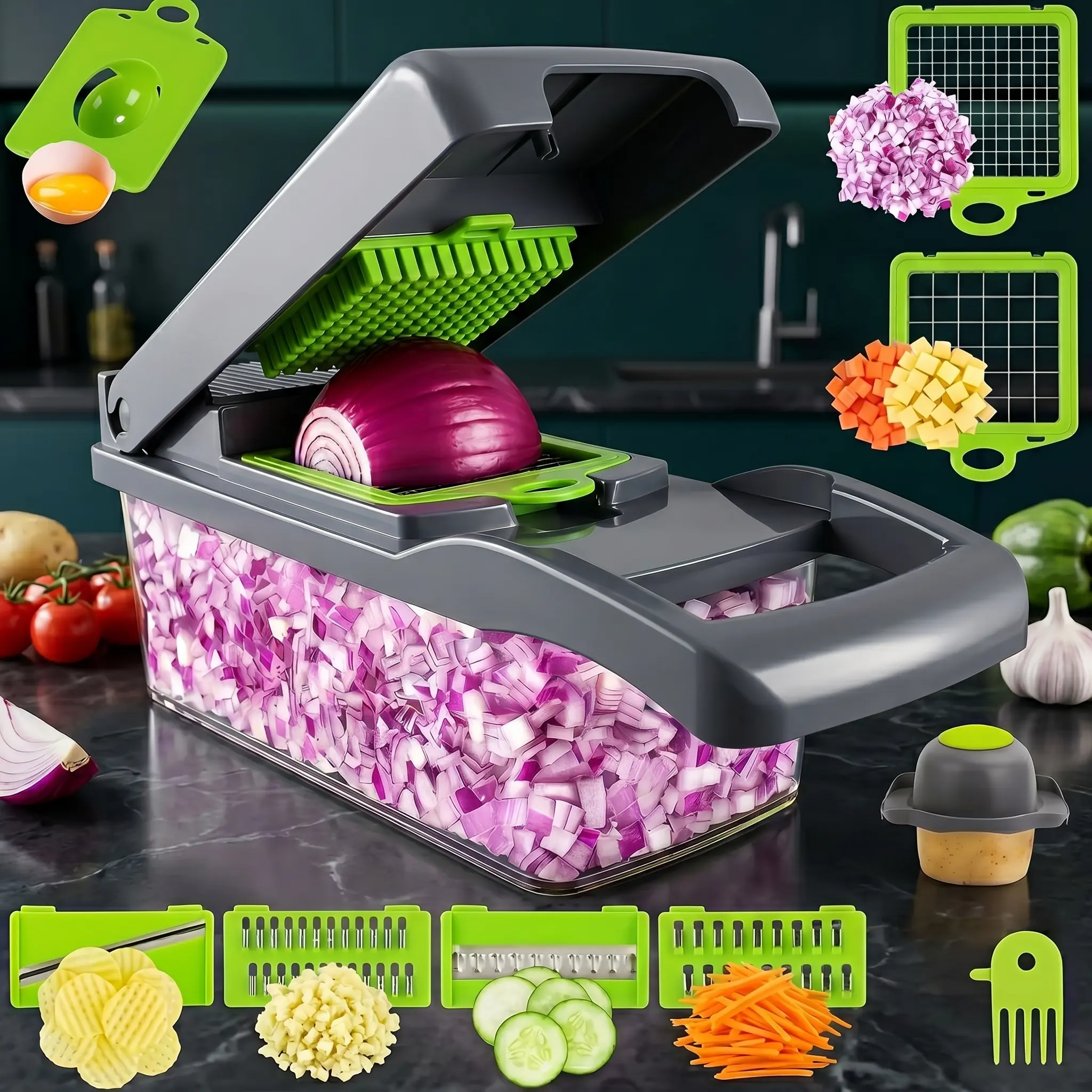 Vegetable Chopper Dicer with Container | Cheese Grater Mandoline Slicer Cabbage Shredder French Fry Cutter Stainless Steel for Veggie Onion Potato Fruit Food, Manual Hand Cooking Gadget for Kitchen