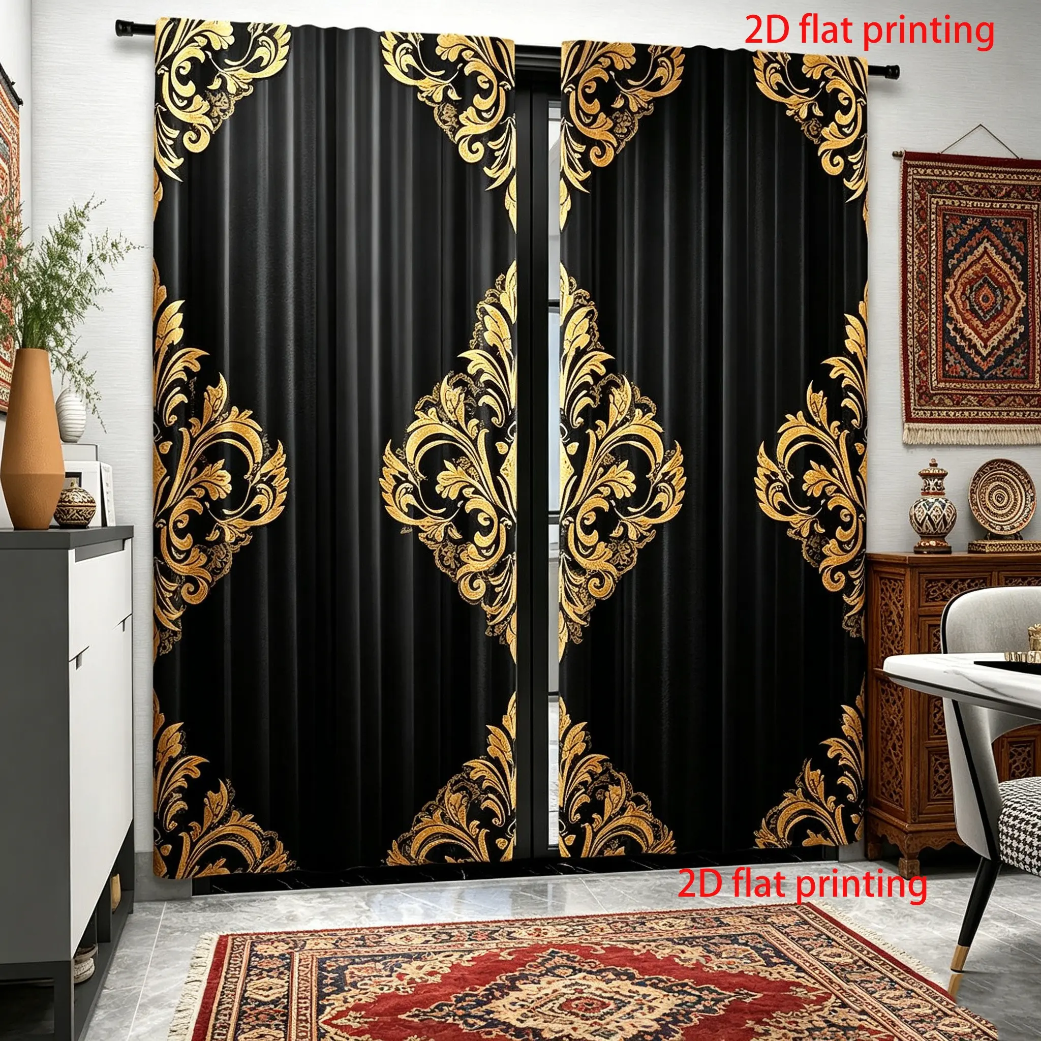 2-piece golden crown patterned polyester Window Curtain with transparent rod bag design, suitable for living rooms, bedrooms - machine washable, home and holiday decoration, Easy Install Curtain, Home Decorative Curtain