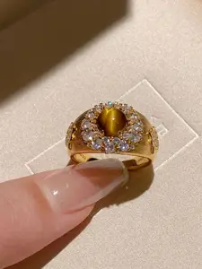 Women's Elegant Geometric Pattern Zirconia Ring, Copper Material, Super Sparkling Design, Perfect for All Seasons & Parties, Statement Rings