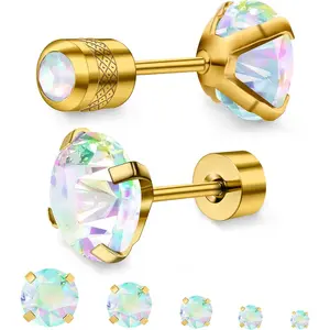 5 Pairs Flat  Stud Earrings for Women, Trendy Cartilage Earring,  Titanium Earrings Set, Cubic Zirconia Flatback Ear Rings Non Tarnish