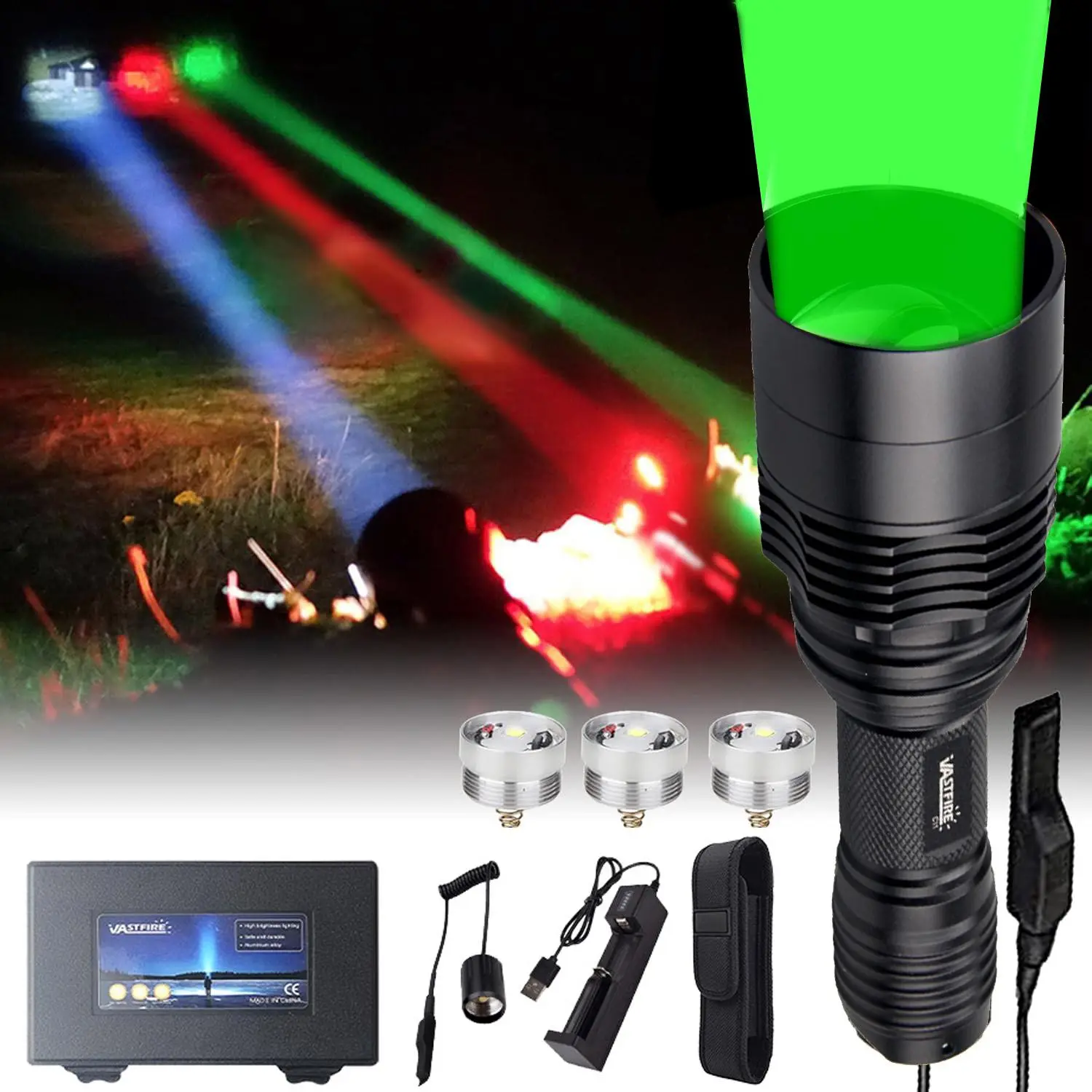VASTFIRE Zoomable Green-Red-White LED Hunting Flashlight, High Performance Super Bright USB Rechargeable Flashlight for Night Observation, Hiking, High Performance Flashlight