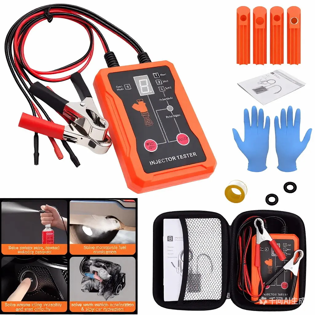 Plastic Universal Fuel Injector Tester & Cleaner Tool Kit for Repair, DIY Tool with 8 Pulse Modes, 4-Wire Dual Channel for 2 Injectors, LCD Display, 4-Size Cleaning Adapters, 12V/5V Output Power, 12V Battery Compatibility, 20-Inch Test Lead