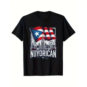 Menswear Round Neck Short-Sleeve Graphic T-Shirt, Nuyorican New York City Puerto Rican Flag Backdrop Boricua Design, 100% Cotton, Unisex (S-XXXL), Vintage Y2K Oversize Double Print Casual Streetwear Tshirt