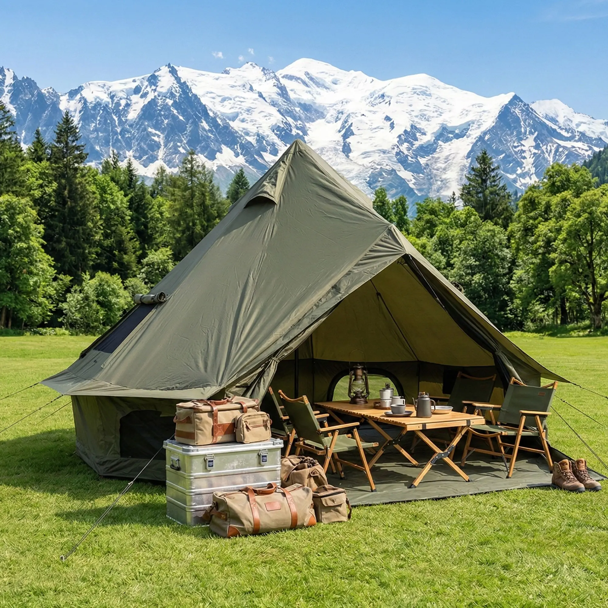 Four season universal camping tent 9.8FT, waterproof Oxford fabric, with stove, multi window convection ventilation, high and spacious interior, can accommodate 4 people, suitable for outdoor gatherings and camping, easy to set up and store