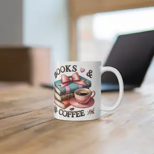 Books & Coffee Mug 11oz Ceramic Stack of Books Coffee Cup Floral Accents Microwave Safe Dishwasher Safe Lead BPA Free