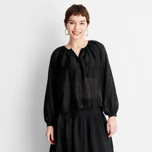 Women's Balloon Long Sleeve Flowy Sheer Boho Top - Future Collective