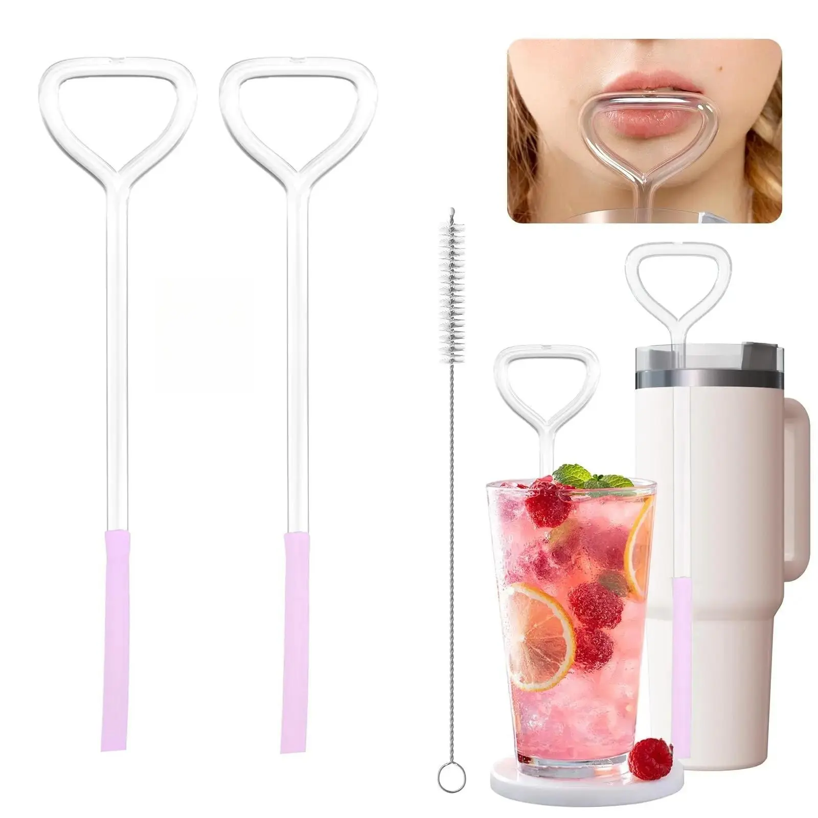 HEART-SHAPED ANTI-WRINKLE STRAW SET (2 anti-lip-wrinkle straws & 1 cleaning brush), Reusable Glass Straws, Glass Straw Drinkware, suitable for 20-40oz beverage cups, anti-wrinkle bend straws, Drinking Straw, Home Bar Accessories