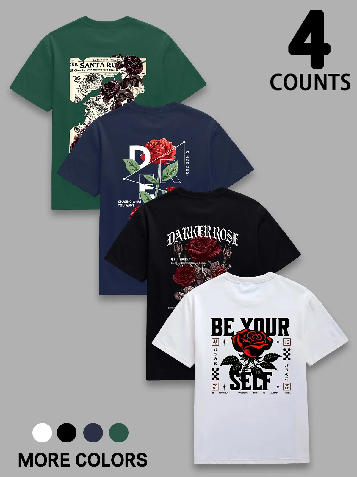 4-piece men's front and back printed short sleeves, small rose embellished print on the chest+retro newspaper splicing Gothic letter floral print on the back, smooth and wrinkle resistant, suitable for street and casual wear