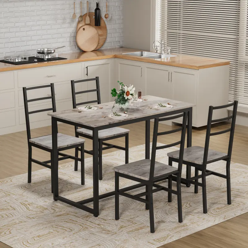 5-Piece Farmhouse Mid-Century Modern Dining Table Set of 4, Indoor Dinette Set with 4 Chairs for Kitchen, Dining Room