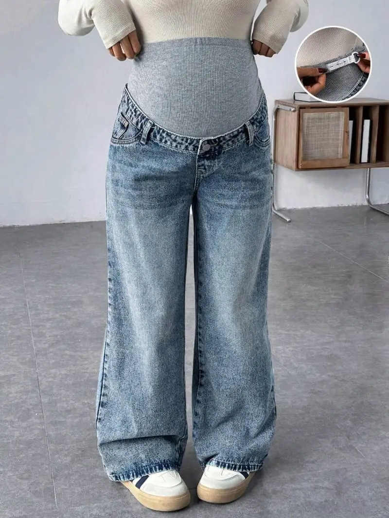 NANCY Maternity Women Knit Panel Vintage Blue Denim Loose Maternity Pants Maternity Jeans