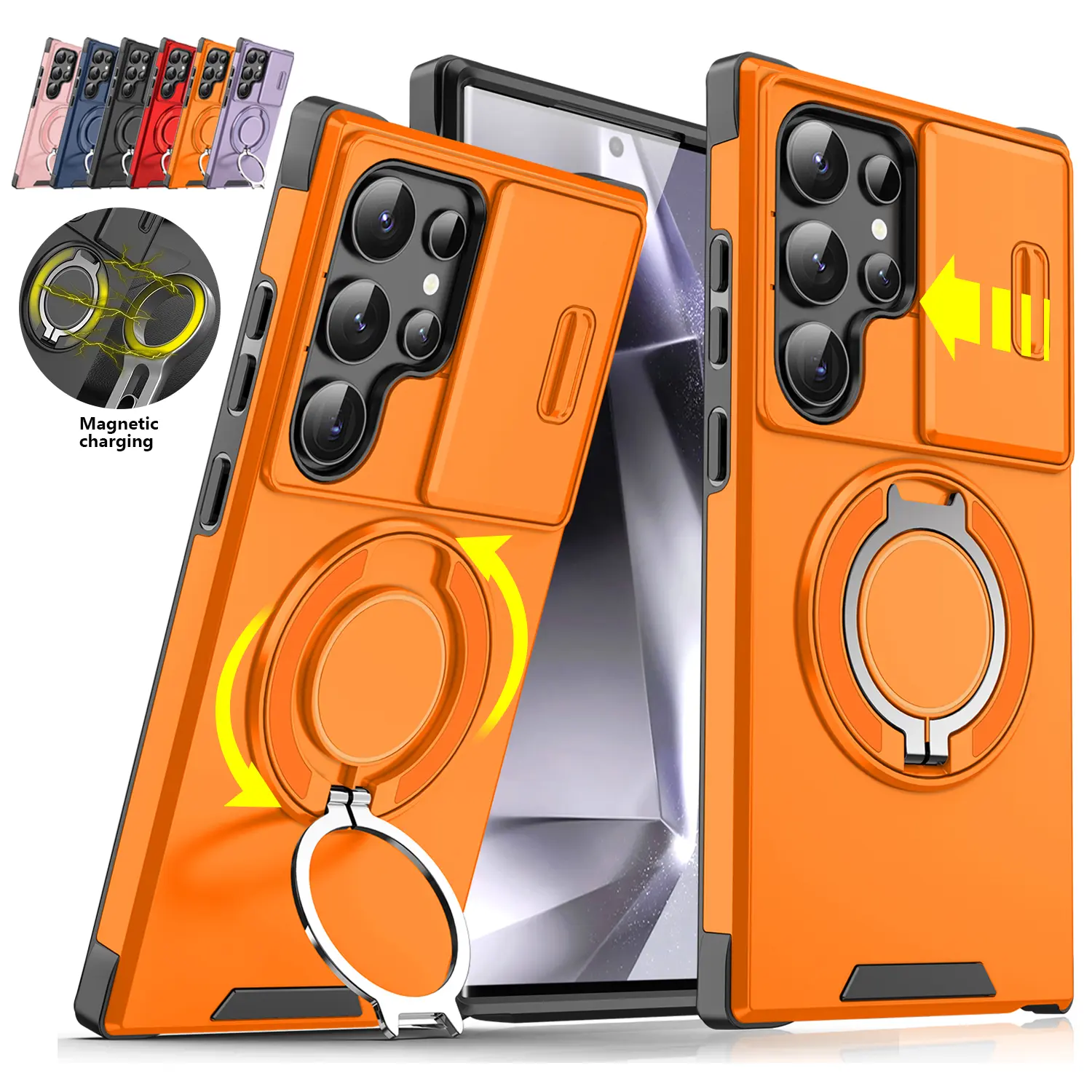 Shockproof Slide Camera Lens Protective Phone Case for Samsung Galaxy S26 S25 S24 S23 S22 S21 Ultra Plus Magnetic Rotation Ring Holder Cover