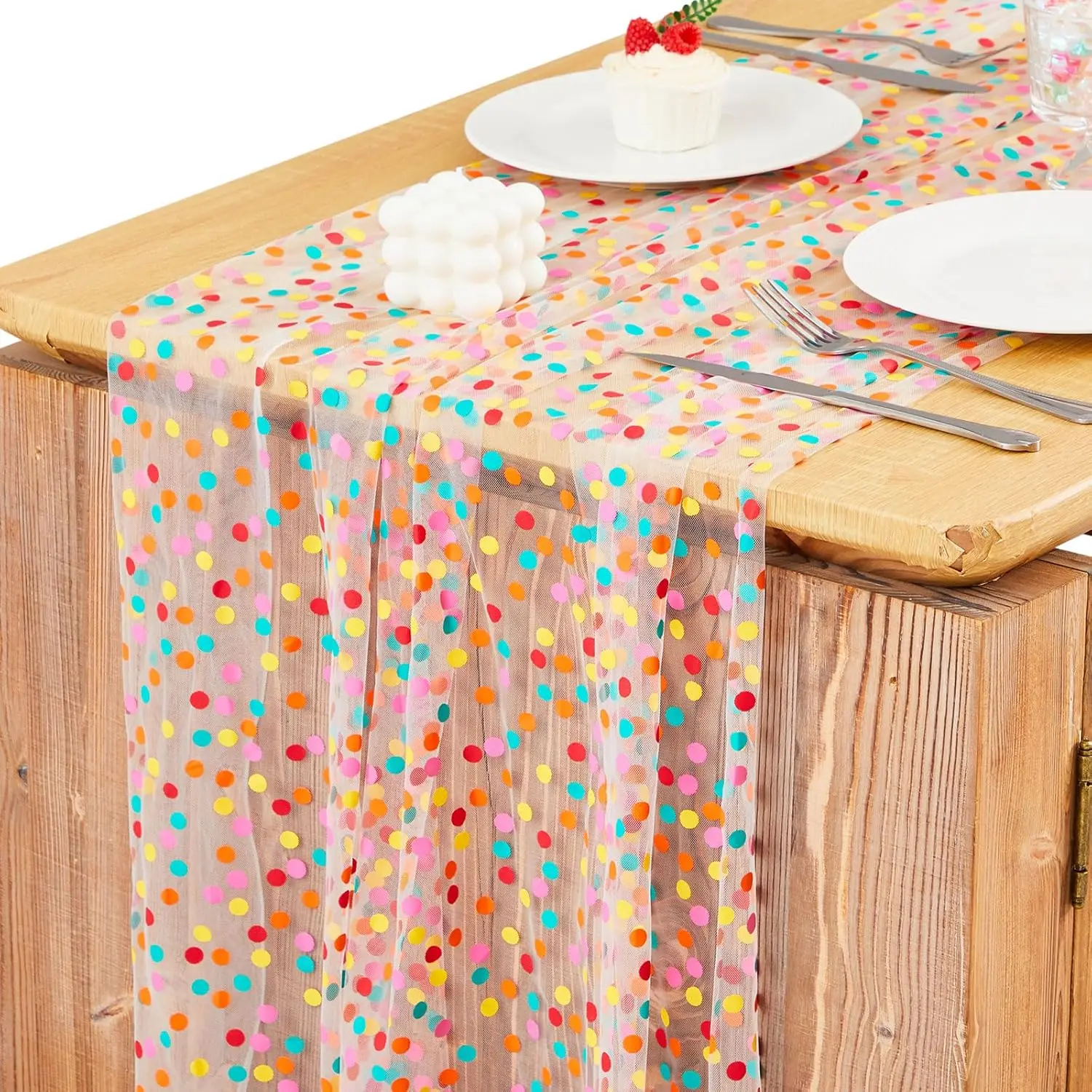 2-Pack Sheer Polyester Rectangle Colorful Polka Dot Table Runners (29x120in), Fade-Resistant Lace Tulle Decor for Romance, Baby Shower, Birthday, Party Table Settings, Home Dining Use