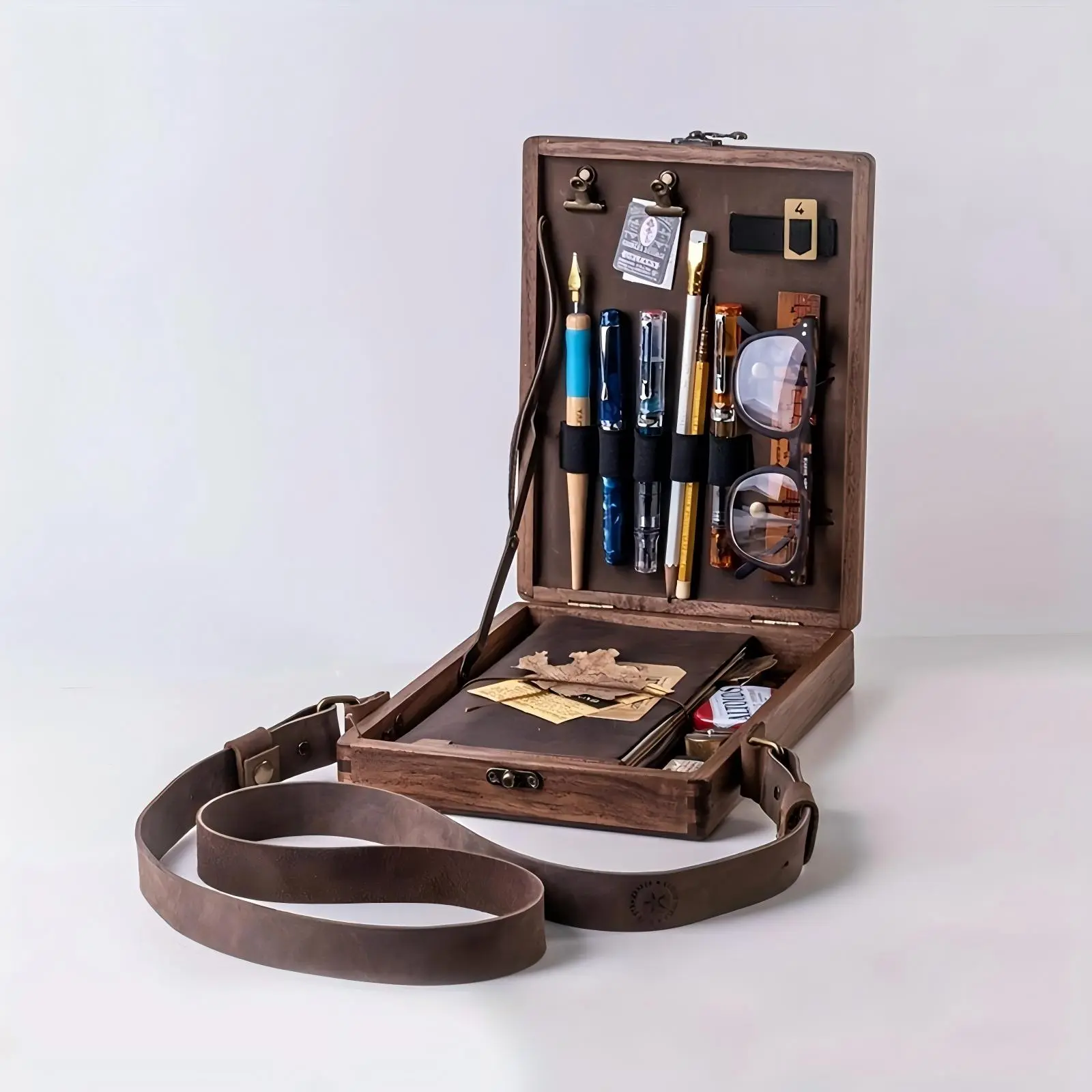 Vintage Wooden Messenger Bag Portable Writer's & Artist's Organizer Sketch Box with Lid for Tools & Supplies Nostalgic Souvenir Storage Bag Writing Pen Jewelry Art Storage Box Christmas Gift