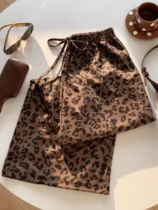 Women's Camel Leopard Print Wide Leg Pants, Fall Winter High Waist Drawstring Loose Fit Casual Trousers, Retro Style Slimming Effect, Bohemian Trousers