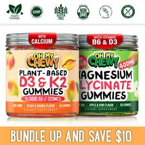 OH MY CHEWY D3k2 + Magnesium Glycinate Gummies Bundle – 2 Bottles (60 Each) – Peach & Mango and Apple & Kiwi Healthy Snacks