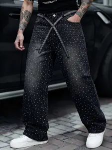 Four Seasons Men's Shining Crystal Non-Elastic Black Natural Waist Loose Wide-Leg Jeans, Rhinestone Jeans, Nightclub Party High-Street Pants with Embellishment Bling Effect, Loose Drape Belt Design for Stage-Focus Outfit Menswear