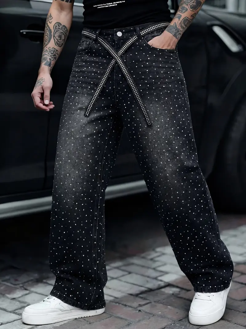 パンツ wide baggy rhinestones slacks rhinestone pants baggy - TikTok Shop