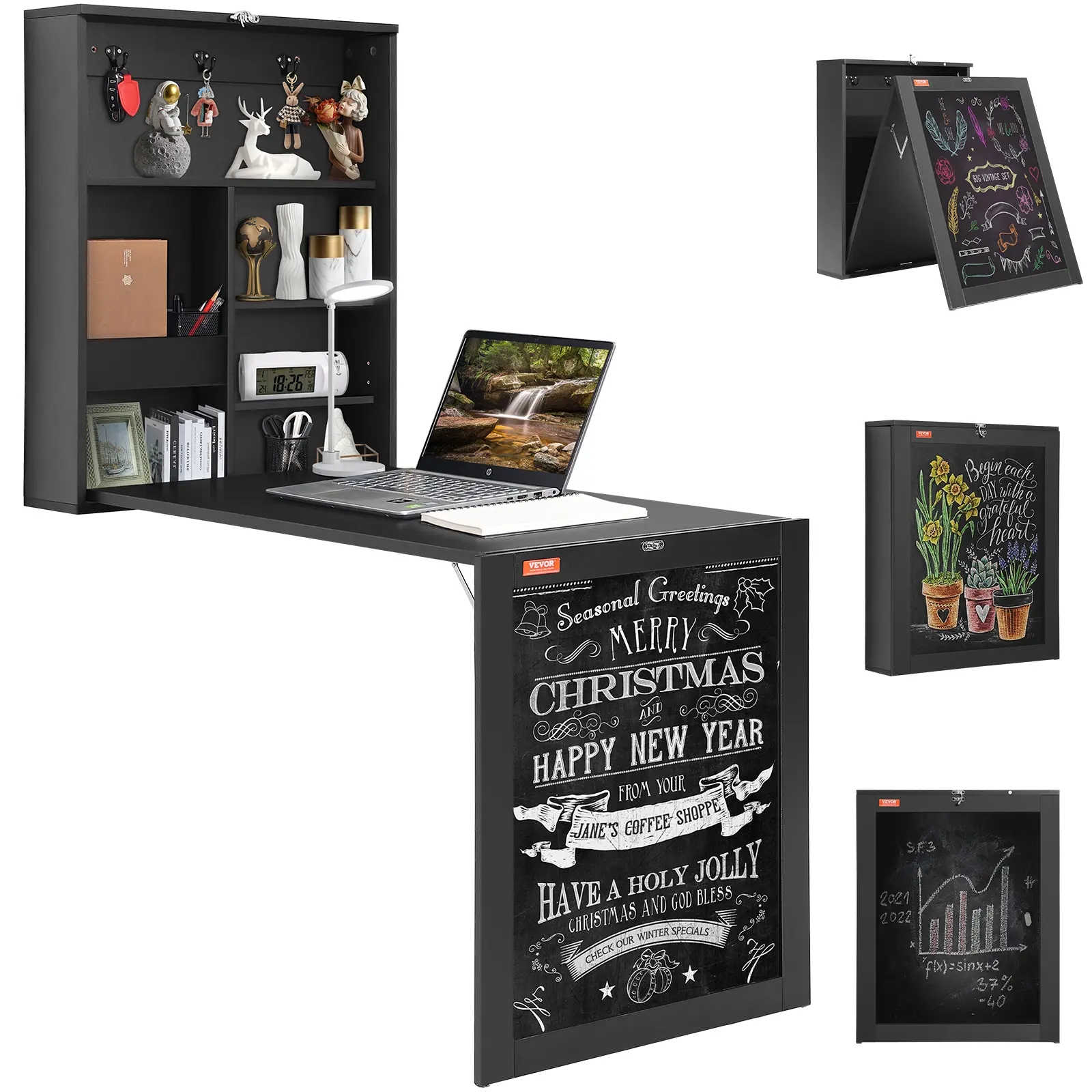 Spring new arrivals Wall Mounted Desk, Fold out Convertible Desk, Multi-Function Folding Wall Table with Chalkboard for Home Office, Space Saving Computer Desk with Storage Area